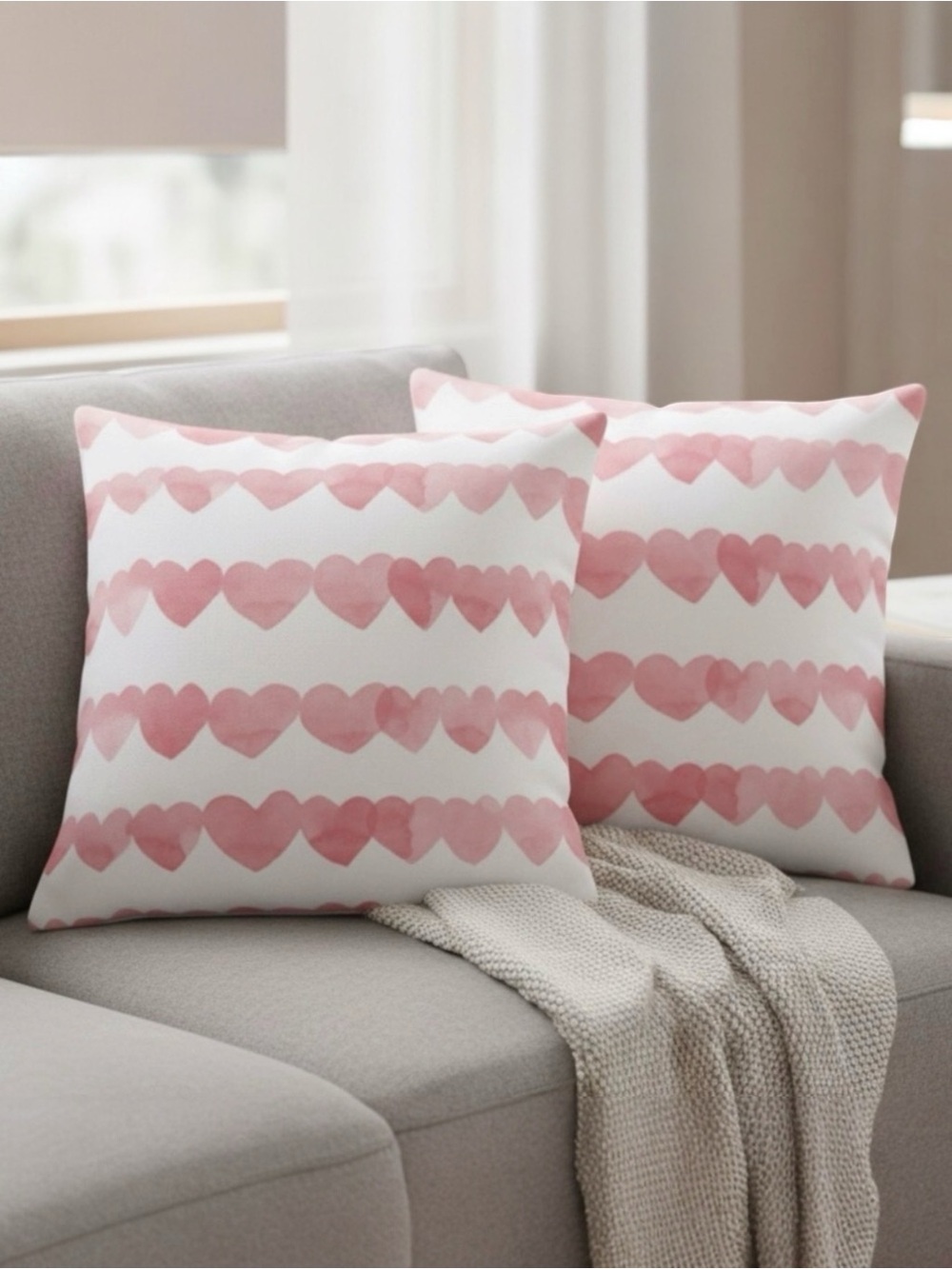 Minted Pink Heart Stripe Throw Pillow Covers Set of 2 20x20 White Pink